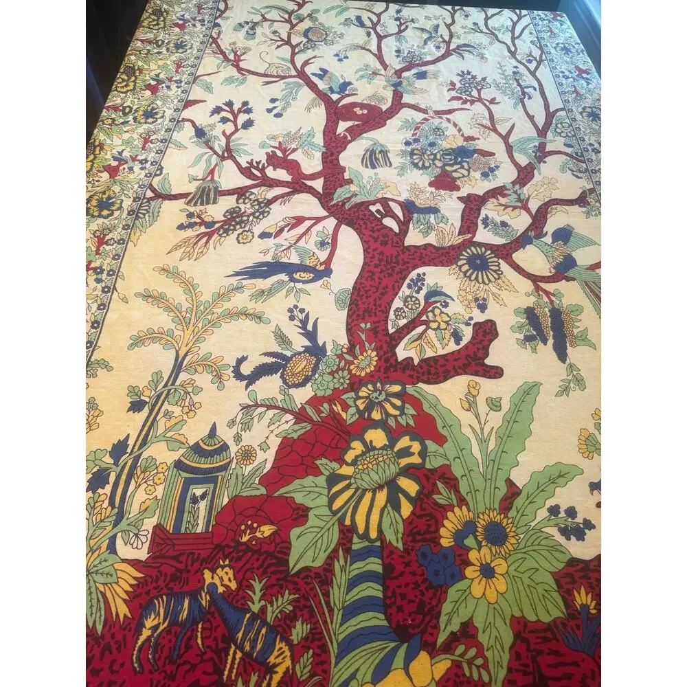 Vintage Indian Tree of Life Cotton Tablecloth 50x80 Floral Bird Boho Cottage